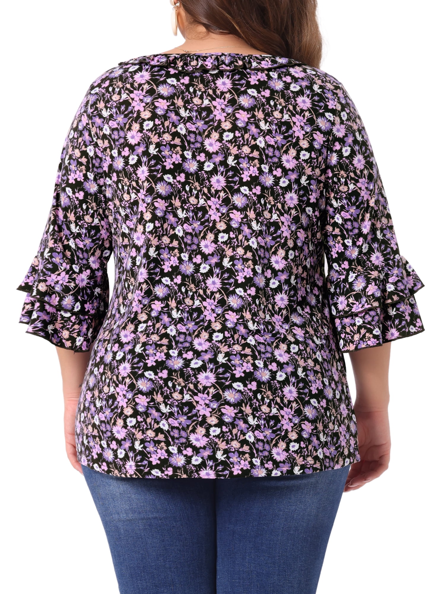 DARING DIVA Women's Plus Floral V Neck Tiered Ruffle Bell Sleeve Blouse 1X Purple