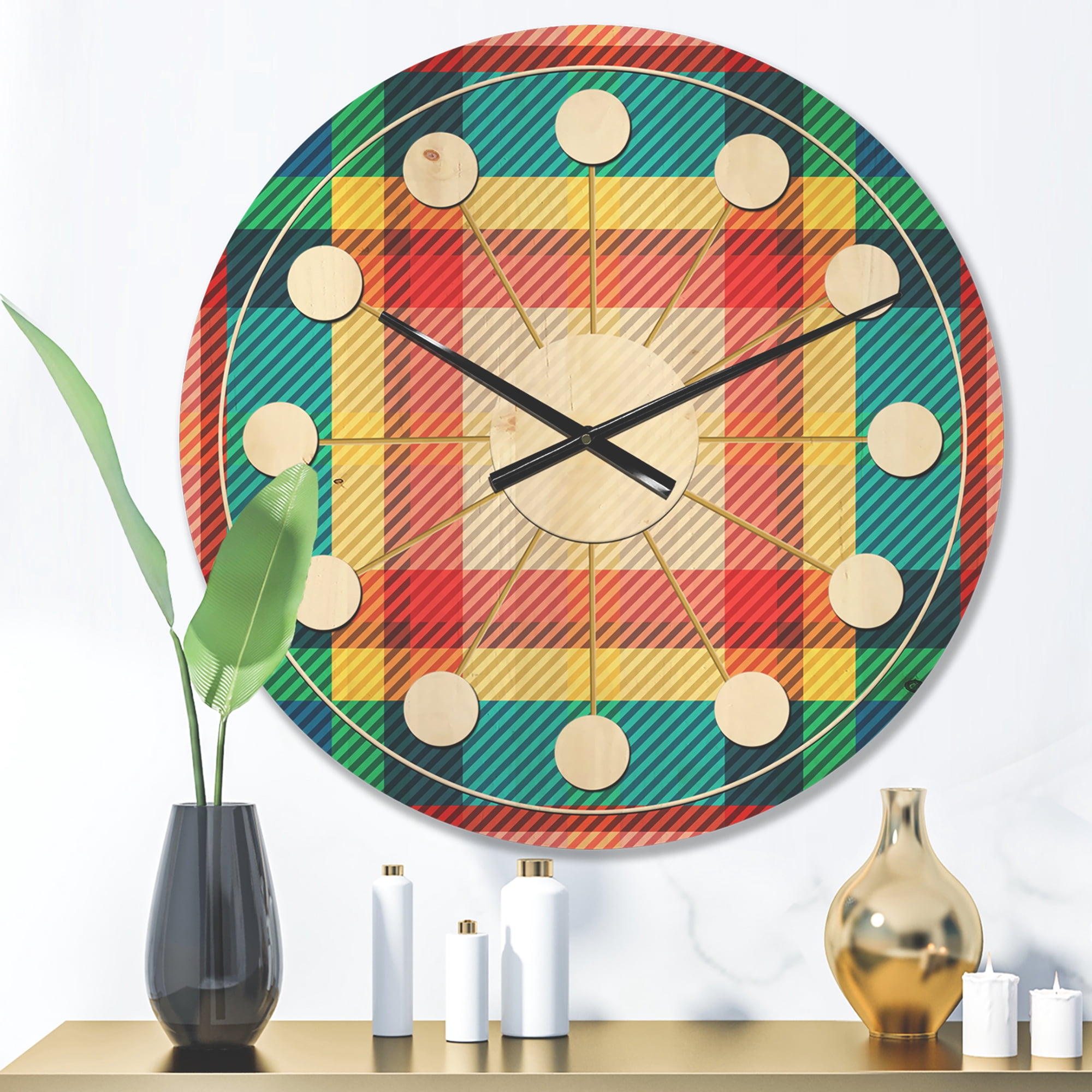 Designart 'Tartan Texture Geometrical Retro III' Mid-Century Modern Wood Wall Clock