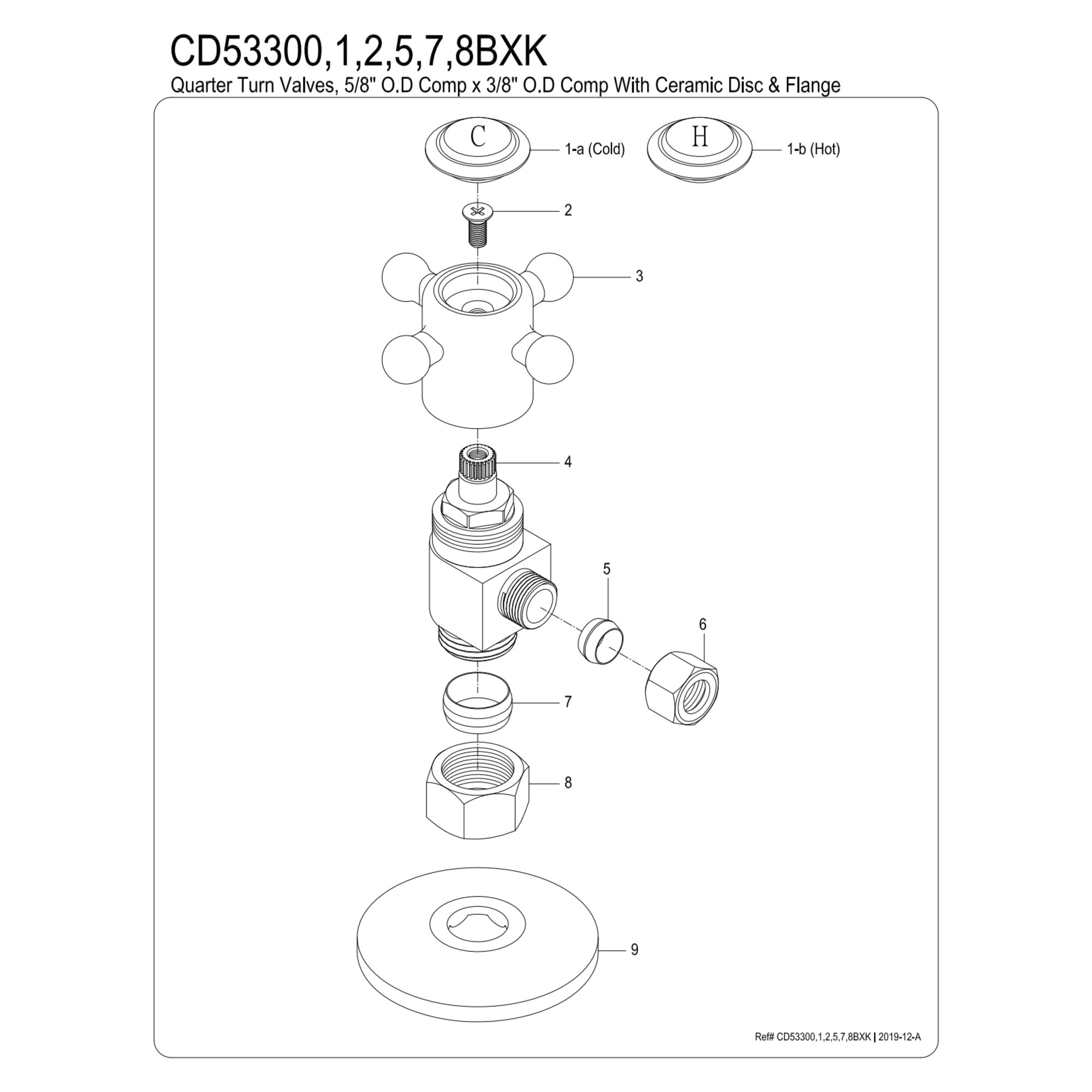 Kingston Brass CD53301BXK 5/8-Inch O.D. Comp x 3/8-Inch O.D. Comp Anti-Seize Deluxe Quarter-Turn Ceramic Hardisc Cartridge Angle Stop with Flange in Polished Chrome