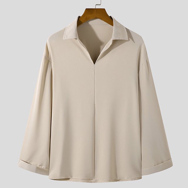 Blusas y camisas de manga larga con cuello en V para hombre, moda informal, cuello alto, camisa de manga larga, blusa con solapa para hombre