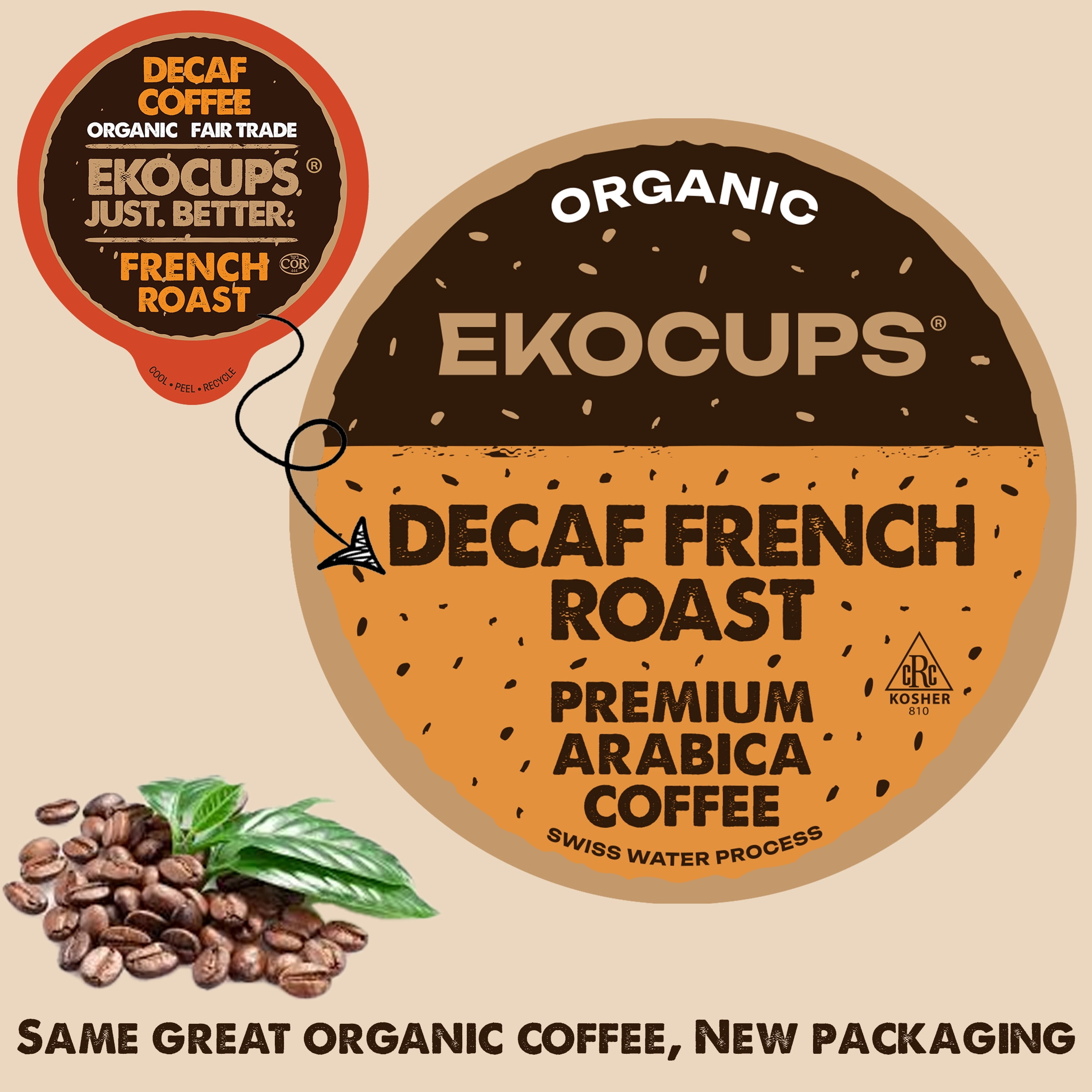 EKOCUPS Organic Decaf French Roast Coffee Pods, 40 Count Dark Roast, Swiss Water Process, Fair Trade Certified K-Cup Pods for Keurig Machines