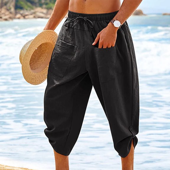 Njoeus Mens Pants Plus Pants Men Solid Casual Elastic Waistband Pocket Cotton Linen Panel Trousers Pants Free Assembly Men's Pants On Clearance