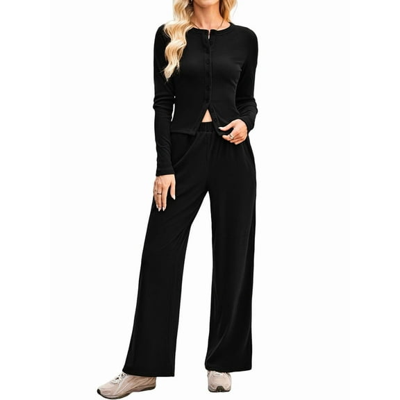 Women 2 Piece Foldover Yoga Flare Pants Long Sleeve Knit Tops Casual Outfits Matching Tracksuit Set Black S