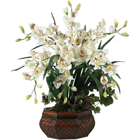 Potted Cymbidium - Nearly Natural Large Cymbidium Silk Flower Arrangement, White