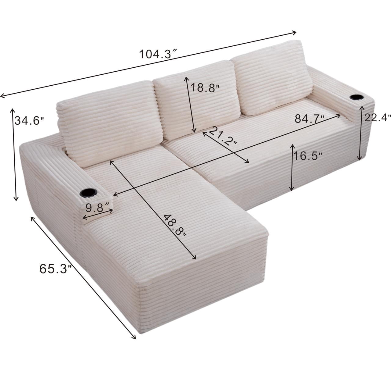 AISWORD 104.3" L-Shaped Modular Sectional Sofa, Corduroy 4-Seater Cloud Couch with Cup Holders & Side Pockets, Boneless Upholstered Sofa, No Assembly, Cream, Left-Facing Chaise