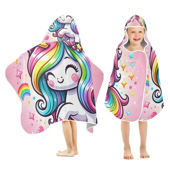 Cute Cartoon Rainbow Unicorn Kids Hooded Beach Towel Baby Bath Poncho Towels with Hood Absorbent 50"x23.5" for Pool Swimming