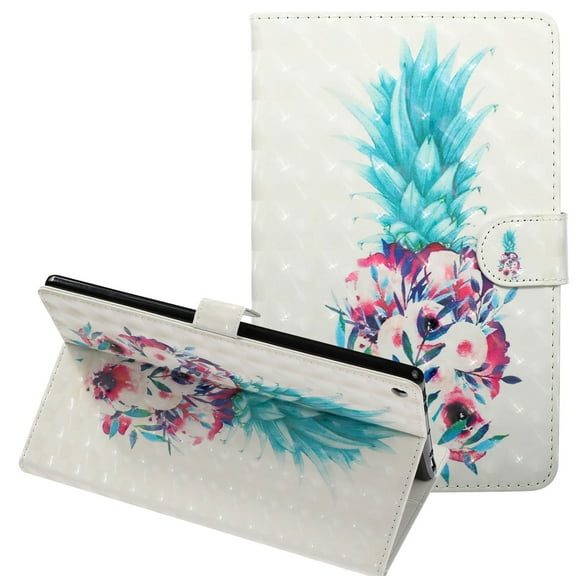 Fire HD 10 Case 2017 7th Generation, Allytech PU Leather 3D Pattern Folio Stand Smart Cover Auto Sleep Wake Shockproof Cards Holder Wallet Case for Amazon Kindle Fire HD 10 2017/2015, Pineapple