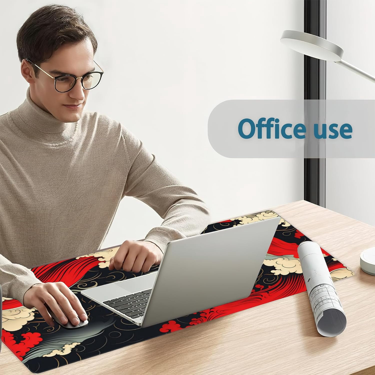 Gaming Mouse Pad, Japanese Sea Waves Extended Mouse Pad Gaming Large, Big Desk Mat with Non-Slip Base and Stitched Edge, Long Computer Keyboard Mouse Mat for Home Office Work 31.5"x11.8"