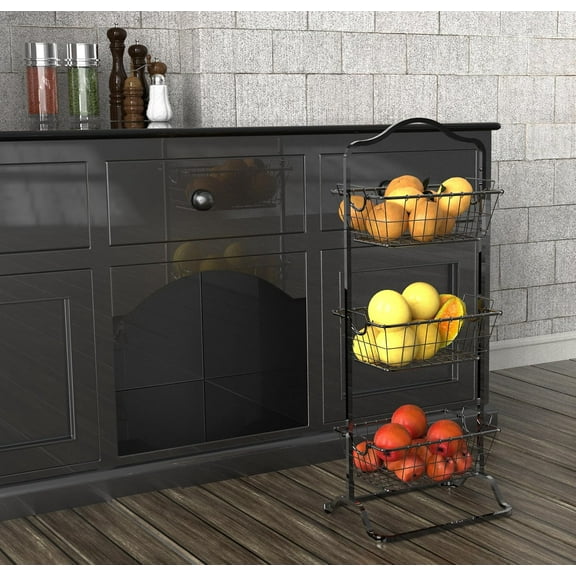 3-Tier Rigid Wire Market Fruit Basket Stand, Black