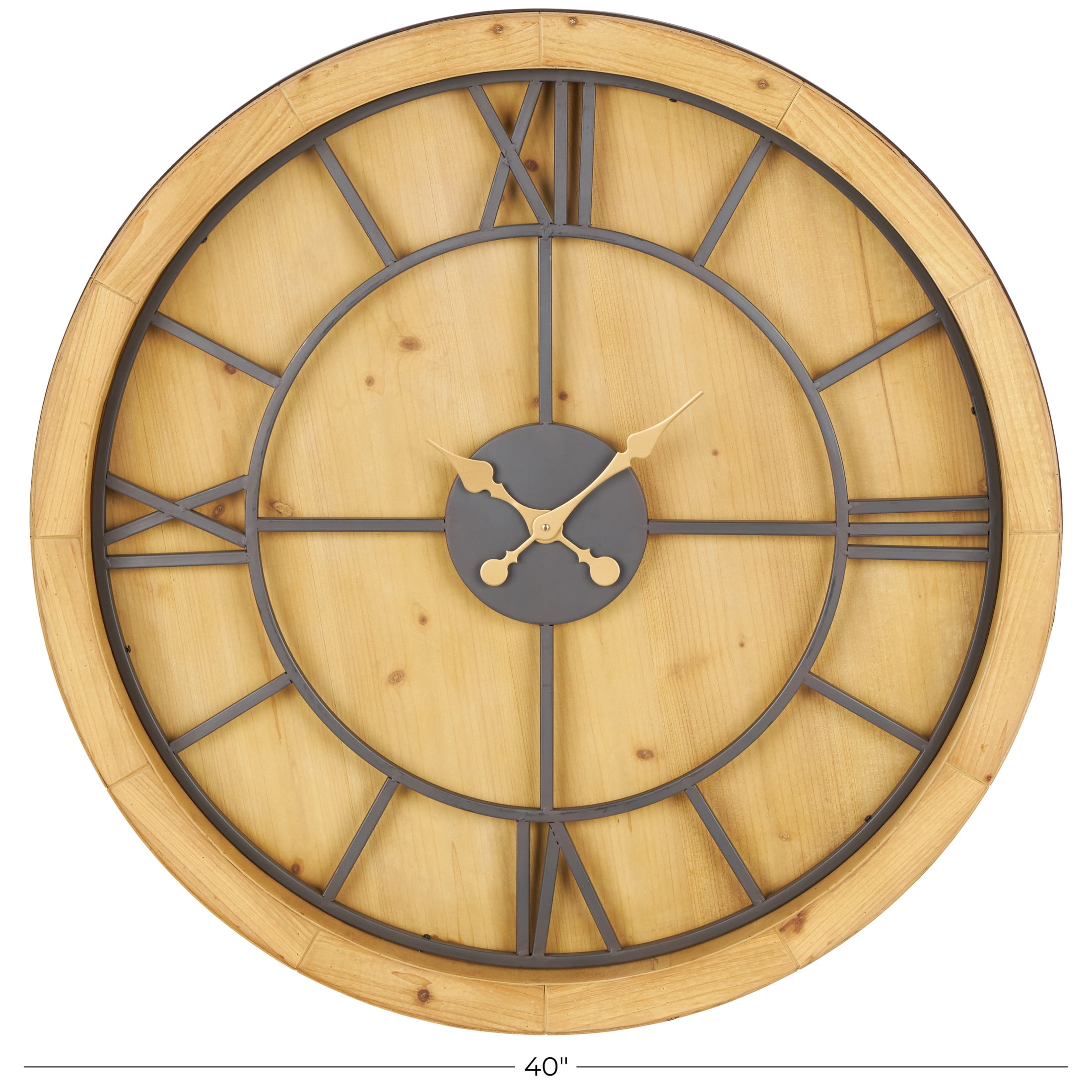 DecMode 40" Brown Wooden Large Wall Clock with Black Metal Framing