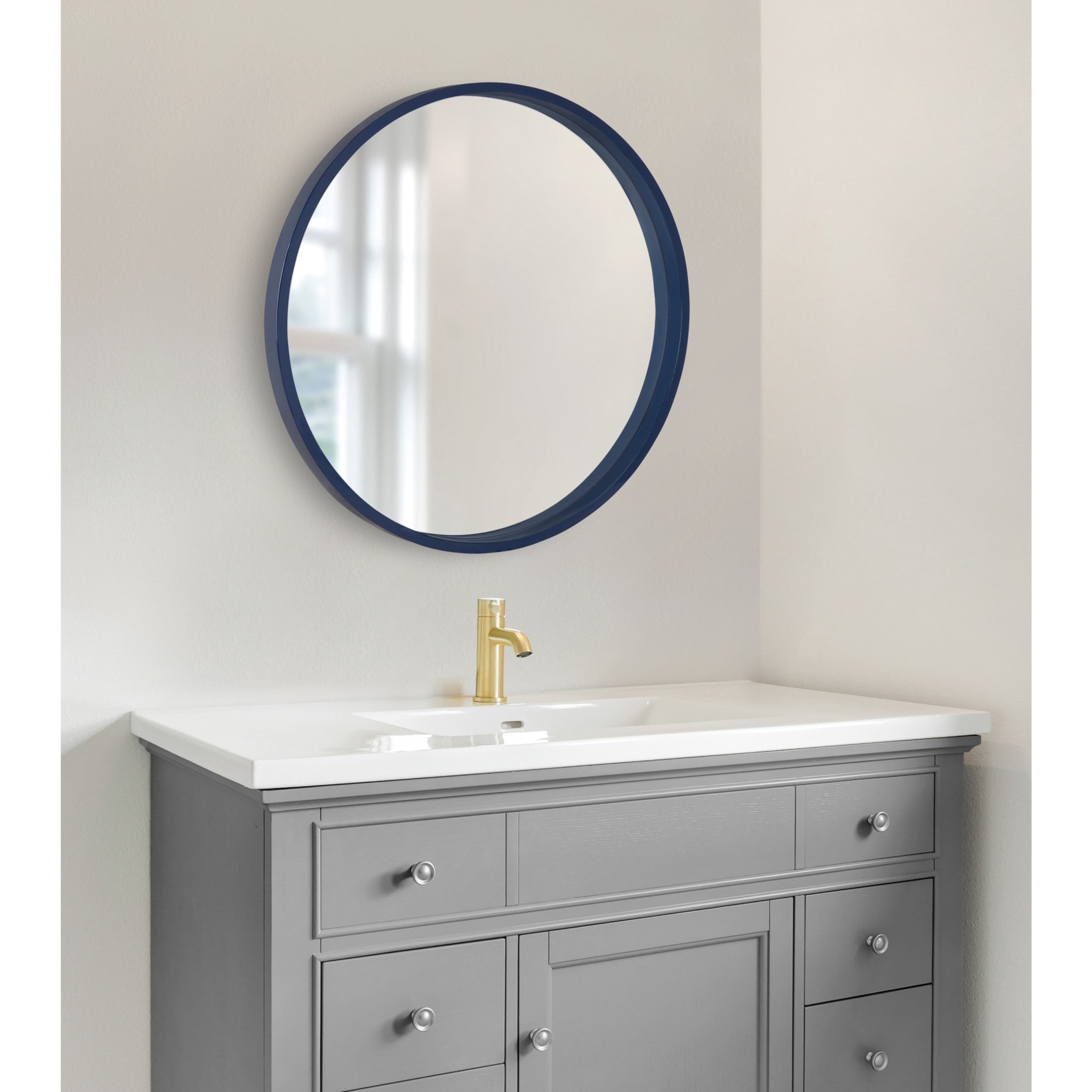 Kate and Laurel Travis Round Wood Wall Mirror, 26 Inch Diameter, Navy Blue, Modern Circle Mirror for Use as Bathroom Mirror for Over Sink or Cute Dorm Room Decor