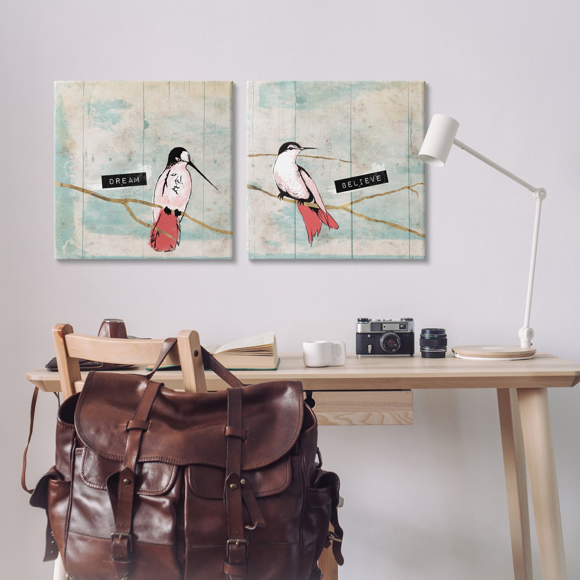 Stupell Industries Dream Believe Hummingbird Branch Animals Painting Wrapped Canvas Art Print Wall Art, 24 x 24, Set of 2