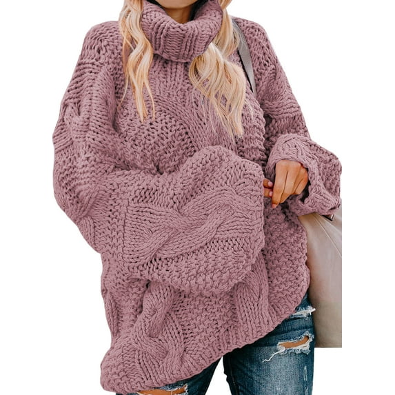 Asyoly Women Turtleneck Cable Knit Sweater Winter Long Balloon Sleeve Solid Color Casual Loose Oversized Chunky Pullover Cute Jumper Warm Tops S-XXL