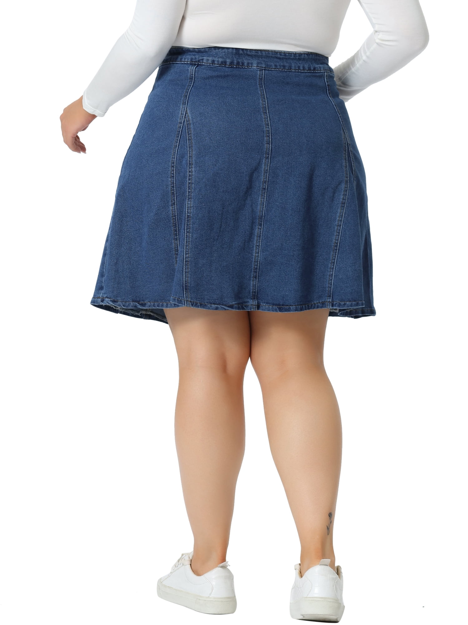 Unique Bargains Women's Plus Size Denim A-line Jean Buttons Faux Pockets Mini Skirts 4X Mid Blue