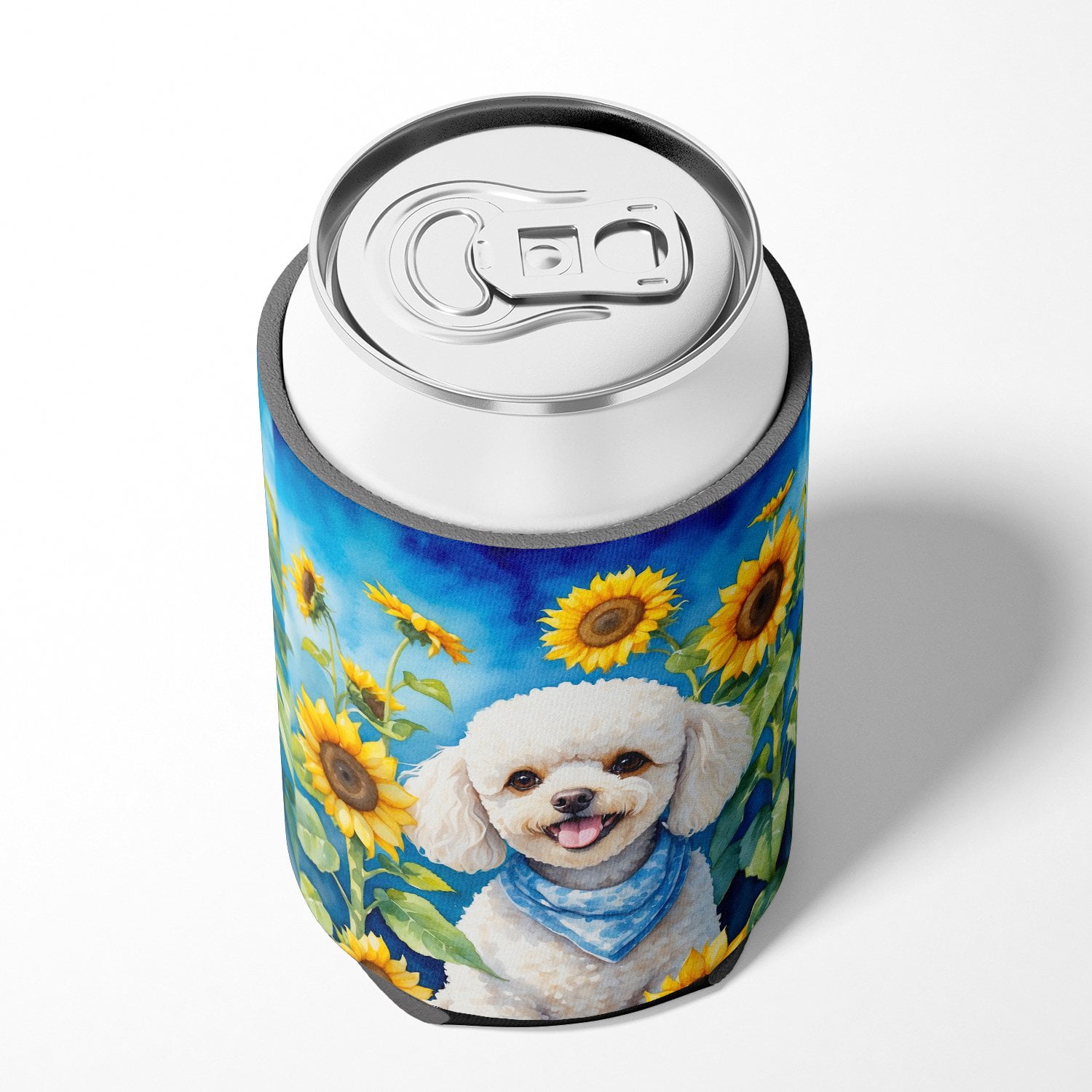 White Poodle in Sunflowers Can or Bottle Hugger 3 in x 5 in