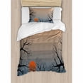 thumbnail image 3 of Nature Duvet Cover Set Queen Size, Sun Rises between Tree Branches in Misty Weather Foggy Sky Illustration, Decorative 3 Piece Bedding Set with 2 Pillow Shams, Slate Blue Orange Peach, by Ambesonne, 3 of 3
