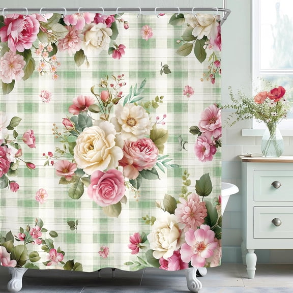 Green Plaid And Pink Roses Shower Curtain 71x71 inches