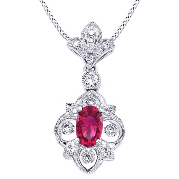 Simulated Ruby & White Natural Diamond Filigree Pendant Necklace In 14k Solid White Gold (0.31 Cttw)