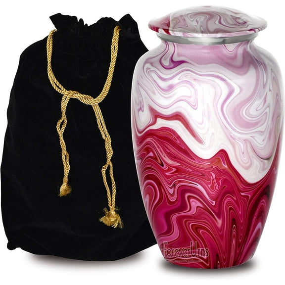 FOREVER URNS Adult Cremation Urn Red White Sticker Urn For Human Ashes, Handcrafted 220 Cu. In With Velvet Bag.