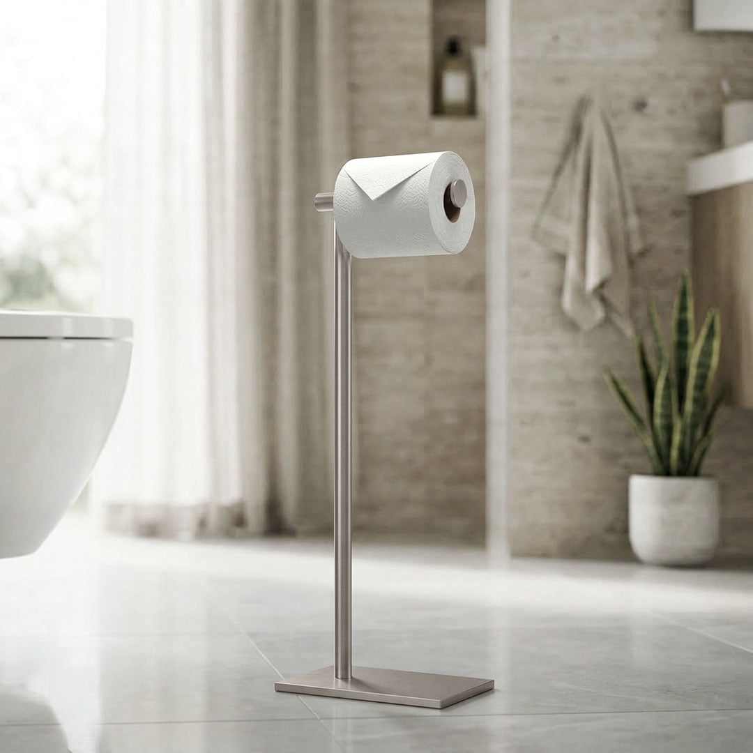 Gatco 1431SN Square Freestanding Toilet Paper Holder, Satin Nickel