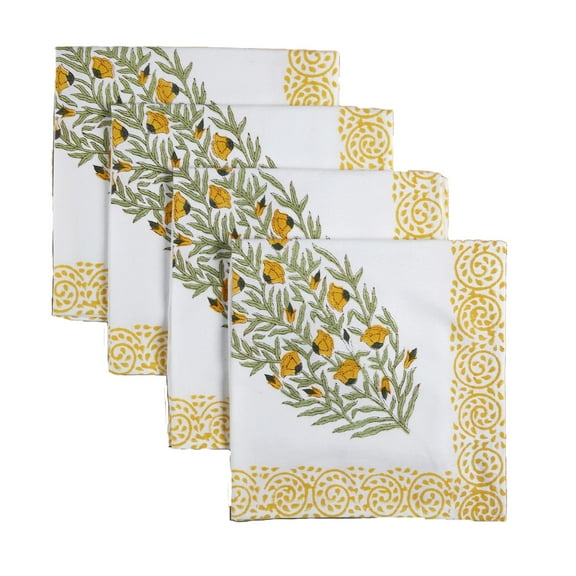 Nirvella Cotton Block Print Cloth Napkins Set of 4 – 20x20in Reusable Yellow Floral