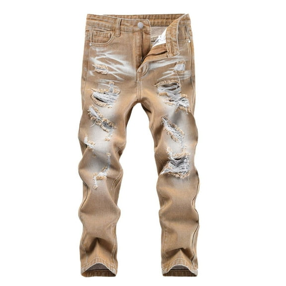 ATOGUTA Boys' Stretch Denim Slim Pants Skinny Ripped Distressed Fashion Washed Denim Jeans Pants Size 4T-14, Khaki