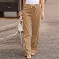 thumbnail image 2 of Women's Trendy Linen Pants Bow Knot Belted Elastic Waist Straight Leg Long Trousers Solid Color Loose Fit Lounge Yoga Pants, 2 of 4