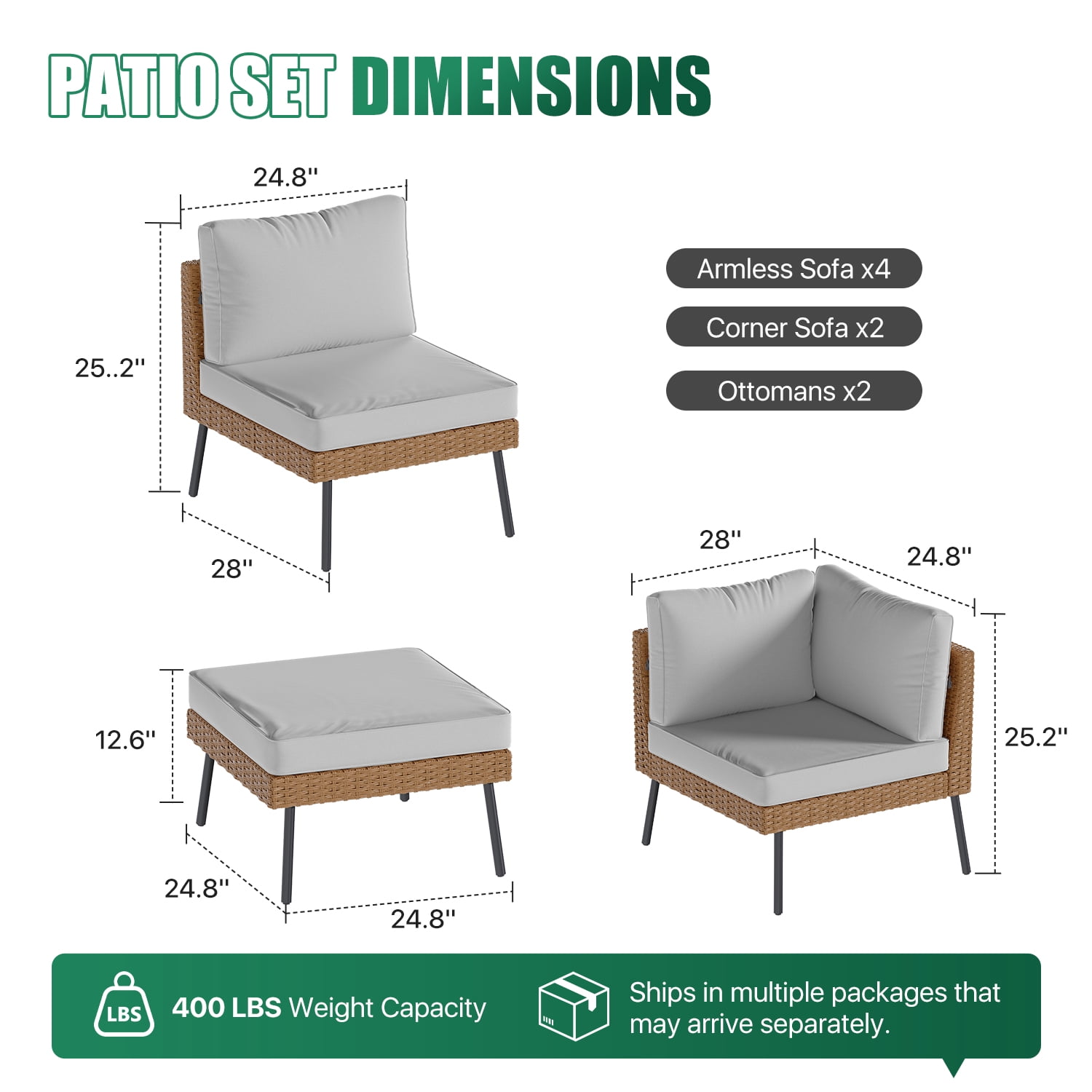BaPiPro 8-Piece Light Gray Wicker Patio Sectional Conversation Set, Water Resistant Thick Cushions & Coffee Table for Backyard Poolside