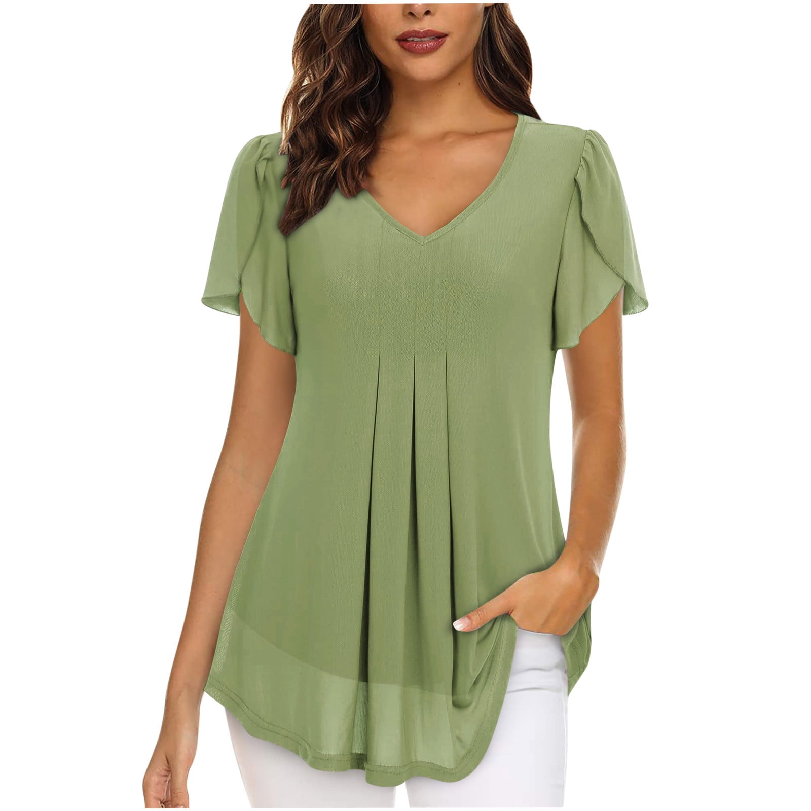 La Chilly Women's Summer V-Neck Chiffon Blouse - Casual Loose Tunic Top, Short Sleeve, Green, Small