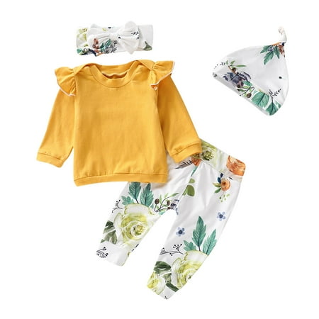 

NZRVAWS Baby Girls Winter Outfits 0 Months Baby Girls Solid Color 3 Months Baby Girls Top Floral Print Print Pants Headband Hat 4Pcs Winter Clothes Set Yellow