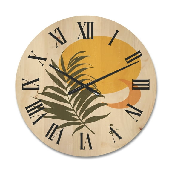 Designart 'Abstract Moon and Yellow Sun With Tropical Leaf I' Modern Wood Wall Clock