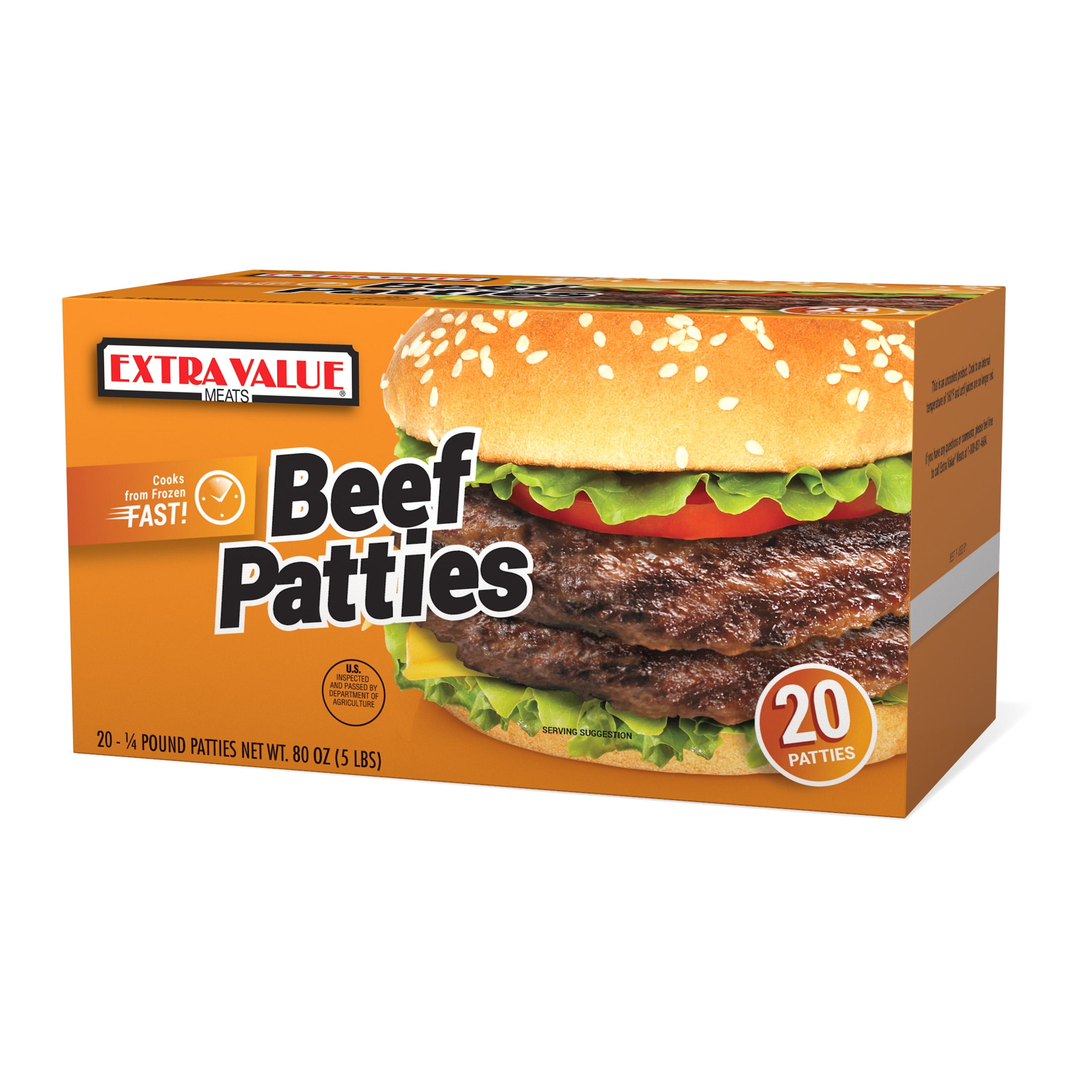 Extra Value Quarter Pound Beef Patties, 20 Count, 4oz Patties, 5lb, Dairy-Free, (Frozen)