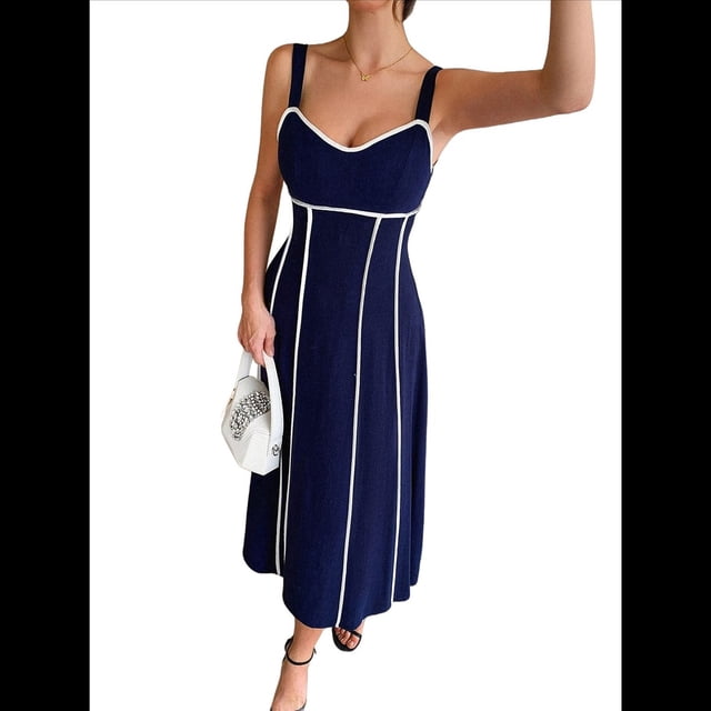 Vestido A Rayas para Mujer, con Tirantes Finos, y , Fluido Azul Marino L