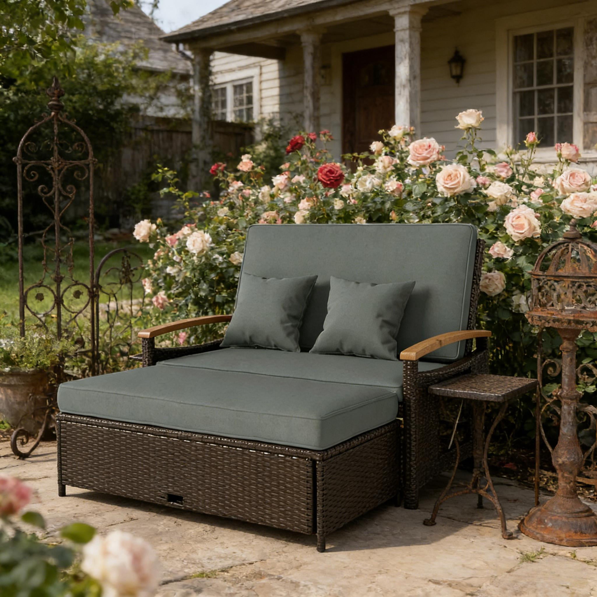 4-in-1 Rattan Outdoor Daybed with 4-Level Adjustable Backrest, Storage Ottoman and Side Tables