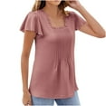 thumbnail image 2 of Womens Short Sleeve V Neck Lace Sleeve Tshirt Pleated Detail Blouse Solid Color Casual Top for Work Date Night Out, 2 of 8