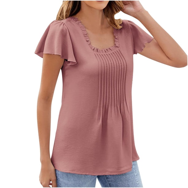 Camiseta Casual de Color Sólido Plisada en el Pecho 95% Poliéster 5% Spandex, Nueva Camiseta de Manga de Encaje para el Uso Diario