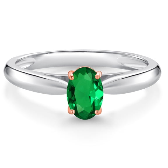 Gem Stone King 925 Sterling Silver and 10K Rose Gold Prongs Green Nano Emerald Solitaire Engagement Ring for Women (0.40 Cttw, Oval 6X4MM, Gemstone May Birthstone, Available in Size 5, 6, 7, 8, 9)