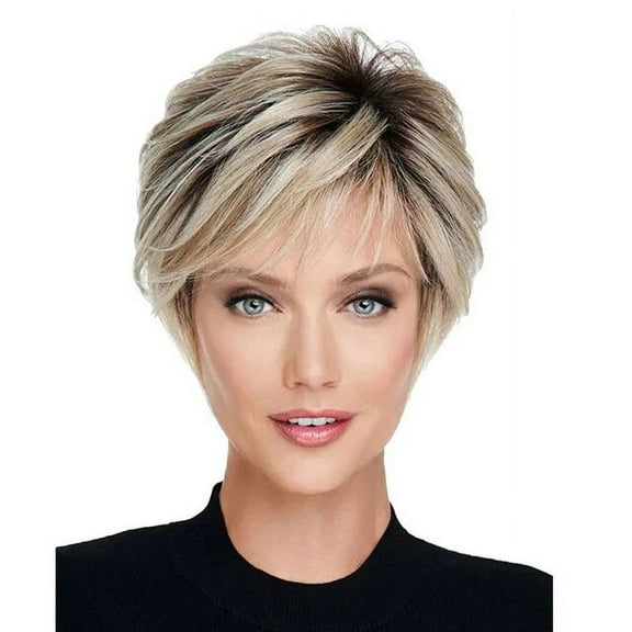 SUCS Synthetic Short Straight Wig for Women Wigs With Bangs Natural Mixed Brown Wig Daily Use Heat Resistant Fiber