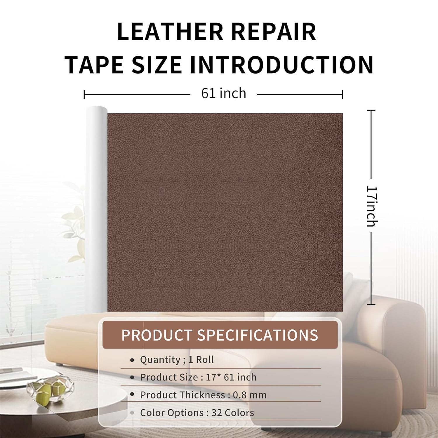 Leather Repair Patch Tape, Brown 17 x 61 Inches Self Adhesive Leather Repair Kit for Furniture, Car Seat,Vinyl Leather Repair Kit for Office Chairs, Bags, Luggage