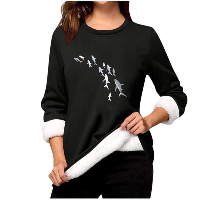 Haut en Polaire d'Hiver pour Femmes, Chemise à Manches Longues Imprimée Col Rond, Couche de Base Chaude en Polaire Douce pour Tenue Décontractée