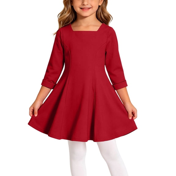OGLCCG Girls Long Sleeve Dresses Square Neck Kids Twirly Skater Dress A Line Fall Midi Dress for Toddler Girls(Red,7-8 Years)
