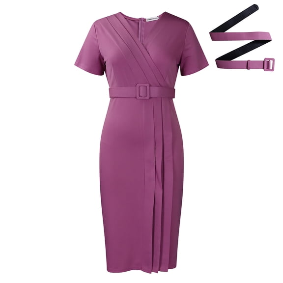 AURA Women’s Pencil Midi Dress V Neck Short Sleeve Solid Color With Belt S XXXL