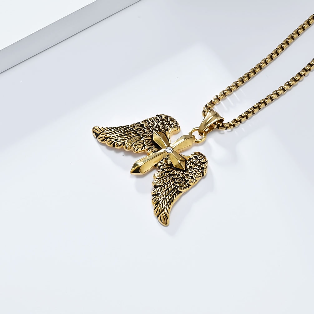 Angel Wing Cross Necklace, Vintage Cross Pendant, Christian Jewelry, Men's Gift, 23.62-inch