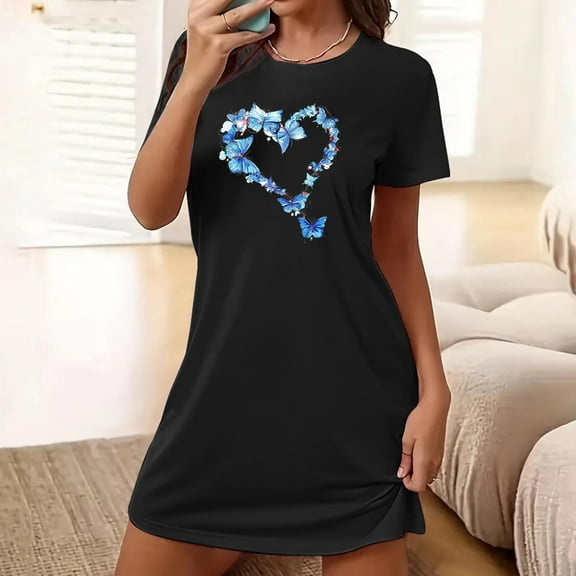 Sakmal Moomoo House Dress for Women Heart Short Black Lightweight Nightwear Butterfly Print Short Sleeve Nightgowns for Women