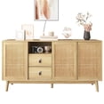 thumbnail image 1 of Noble House 61" Sideboard with Real Rattan Sliding Doors & 2 Drawers, Breathable Sturdy Storage Cabinet,Light Wood, 1 of 9