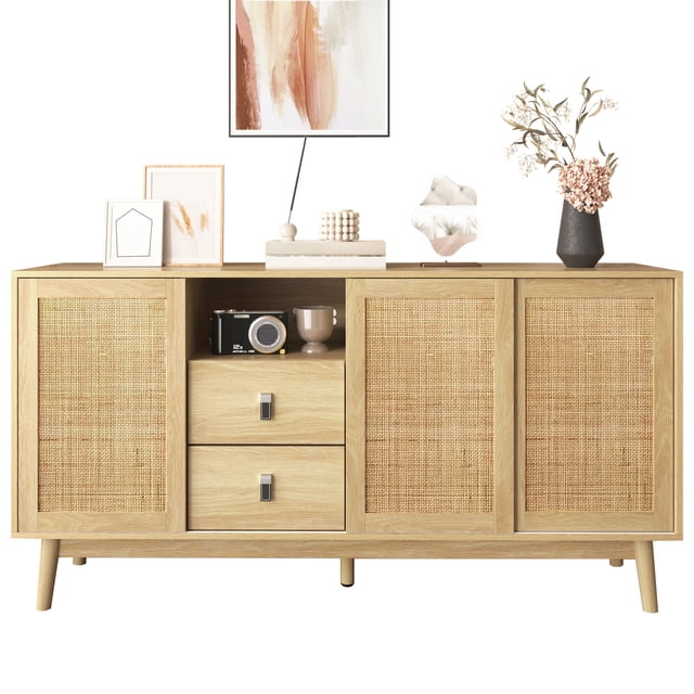 Noble House 61" Sideboard with Real Rattan Sliding Doors & 2 Drawers, Breathable Sturdy Storage Cabinet,Light Wood