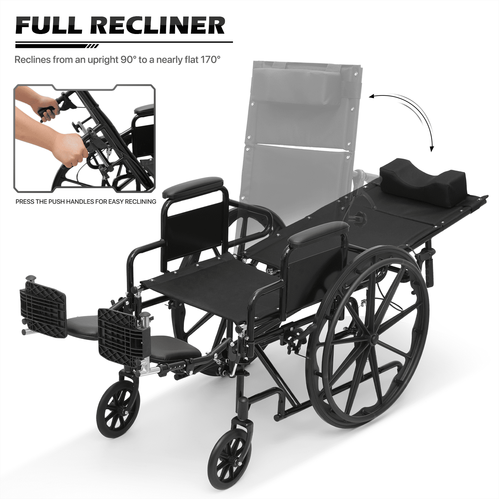 monicare *FDA APPROVED* Reclining Wheelchair with 24" Wheels, Recliner Folding Wheelchair with Swing Away Elevating Leg Rests, Detachable Armrests, Supports up to 300 lbs, Black