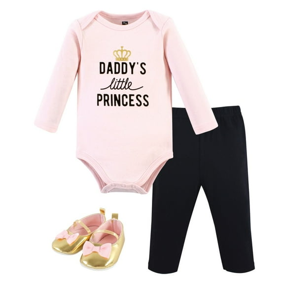 Hudson Baby Infant Girl Cotton Bodysuit, Pant and Shoe Set, Daddys Little Princess Pink, Newborn