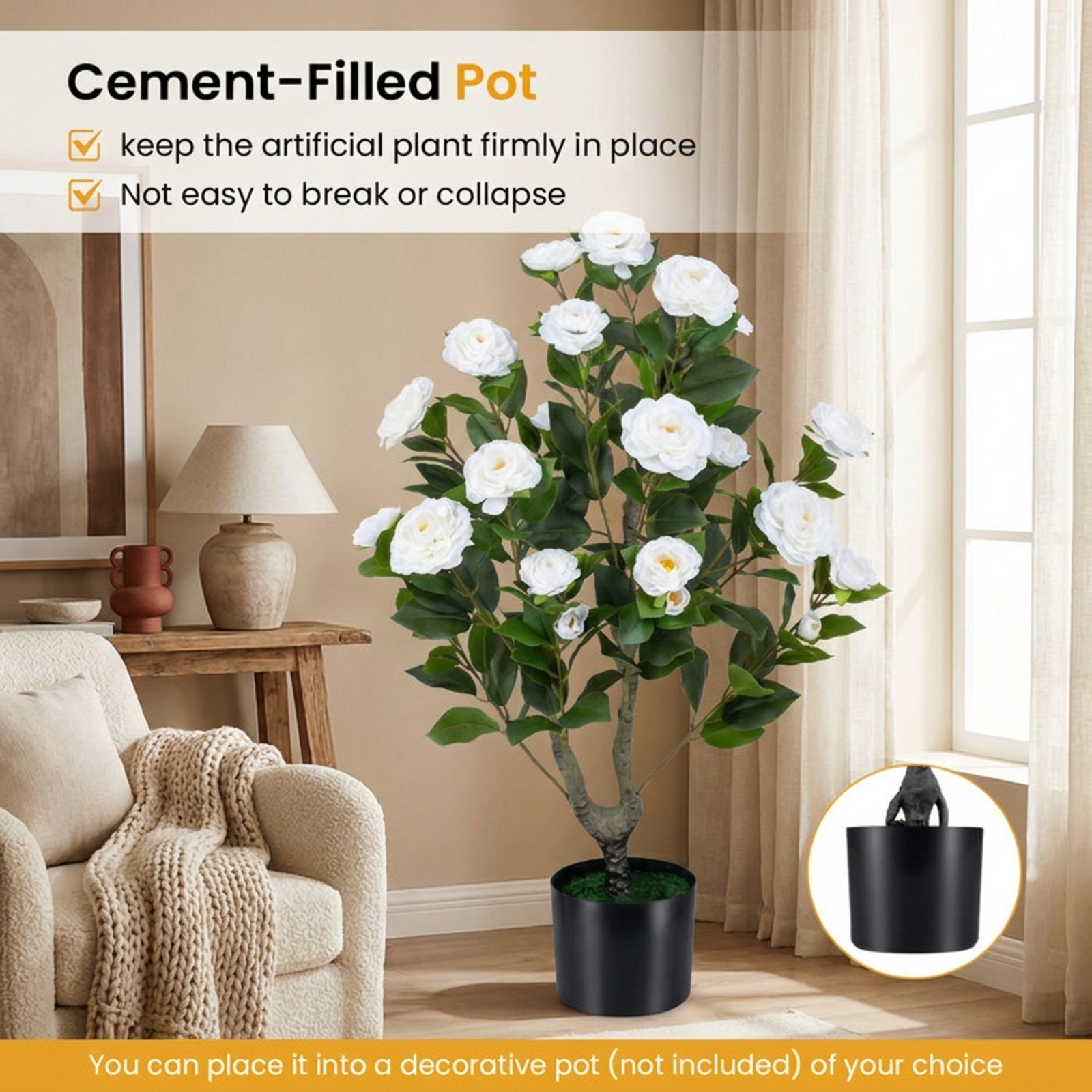 Vebreda Artificial Plant Decor, 2-Pack Artificial Camellia Tree Faux Flower Plant in Cement-Filled Pot, Lifelike & Elegant Design