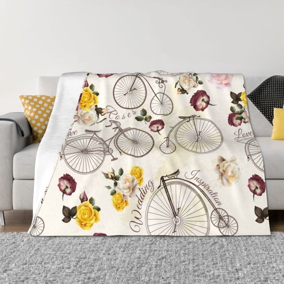 Throw Blanket for Couch - Floral Bicycle Wedding Theme Soft Comfy Lightweight Cozy Warm Throw Blanket, Fuzzy Plush Flannel Blanket & Throws for Sofa and Bed All Season